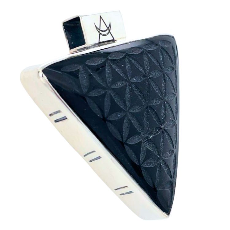 Obsidian Flower Of Life Triangle Unisex Pendant