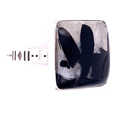 Black Tourmaline in Quartz Square Unisex Ring