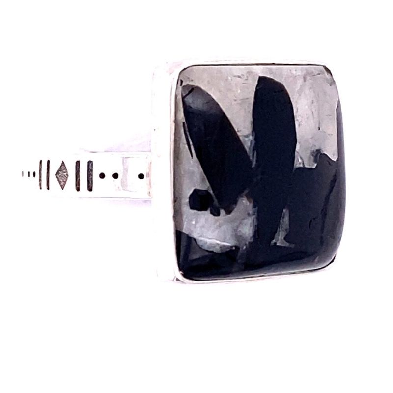 Black Tourmaline in Quartz Square Unisex Ring