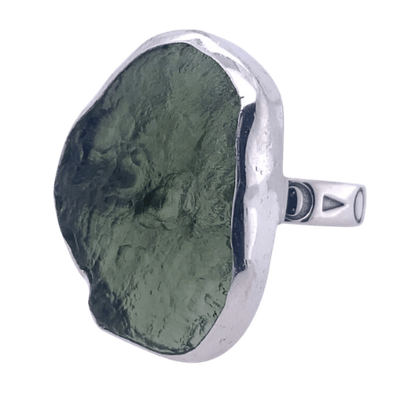 Moldavite Mega Free-Form Engraved Ring