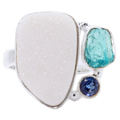 Apatite Blue Kyanite White Druzy Angel Love Ring