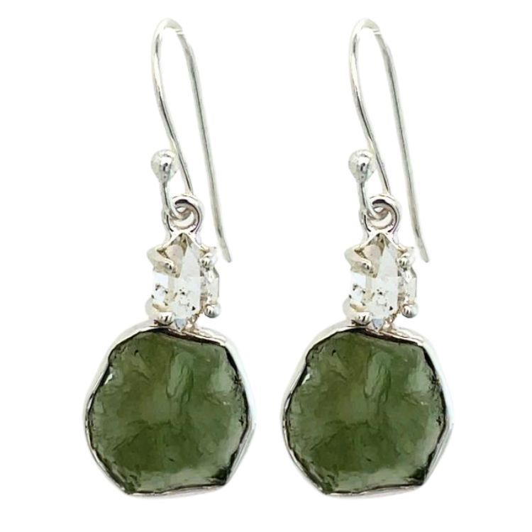 Moldavite Herkimer Diamond Gem Earrings