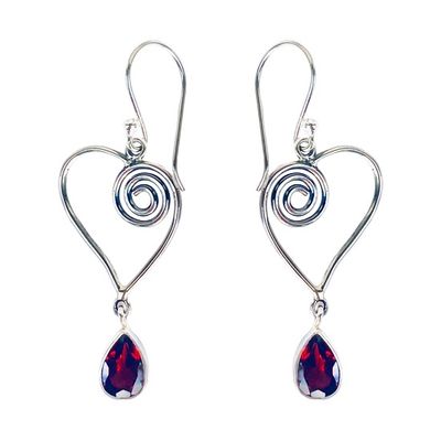 Garnet Swinging Swirling Heart Earrings