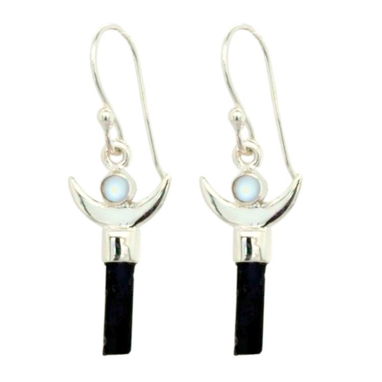 Black Tourmaline Moonstone Crescent Earrings