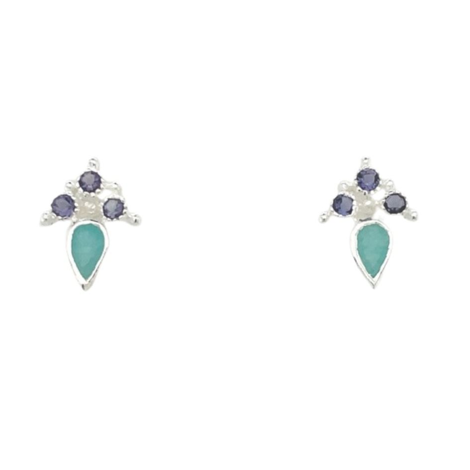 Princess Stud Earrings, Stone: Aqua Chalcedony Iolite
