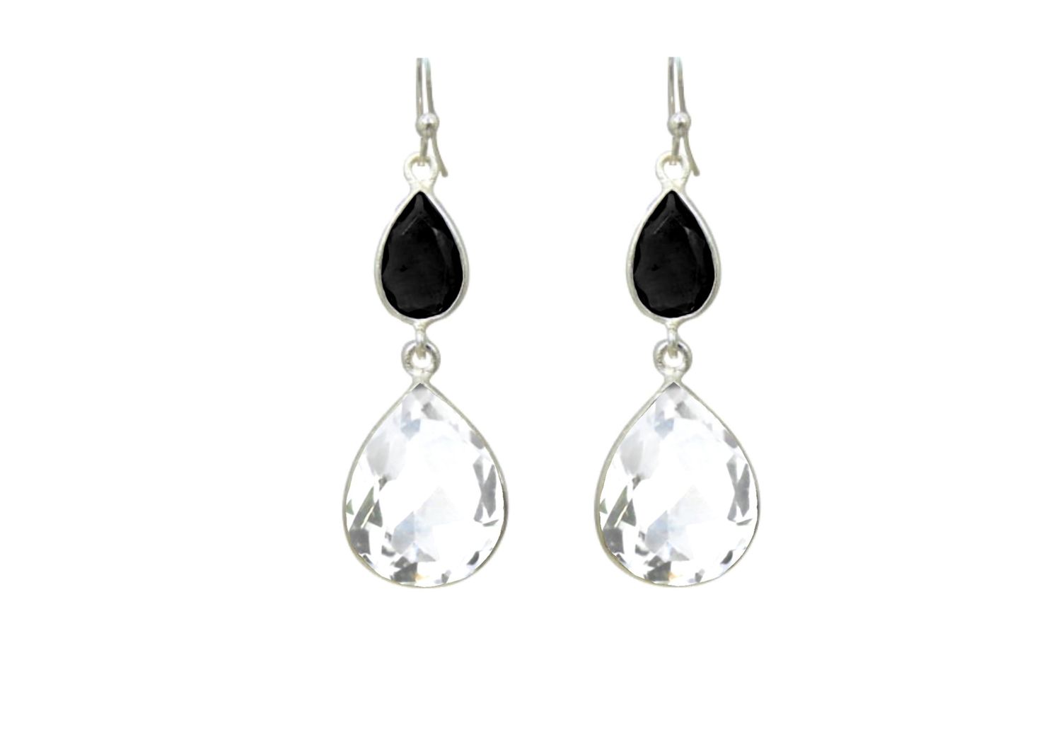 Double Drop Sparkle Earrings, Stone: White Topaz Black Spinel