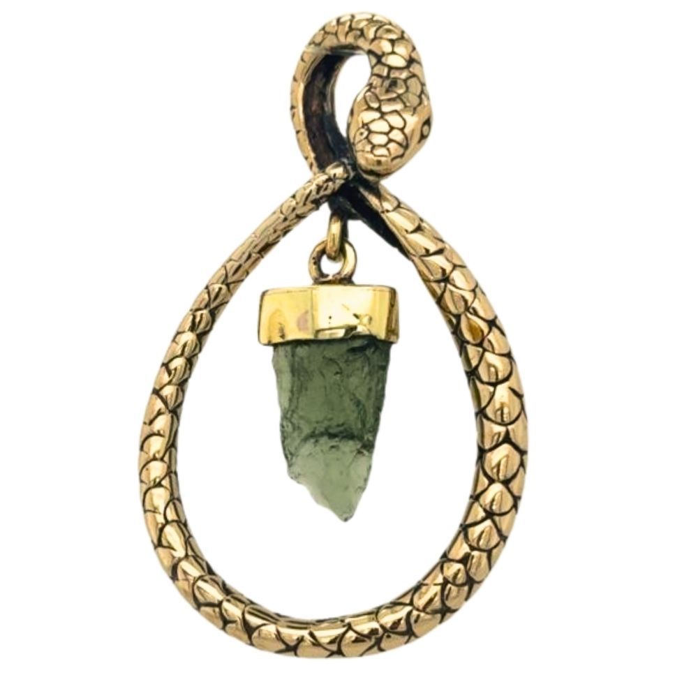 Moldavite Brass Oro Snake Charm Pendant