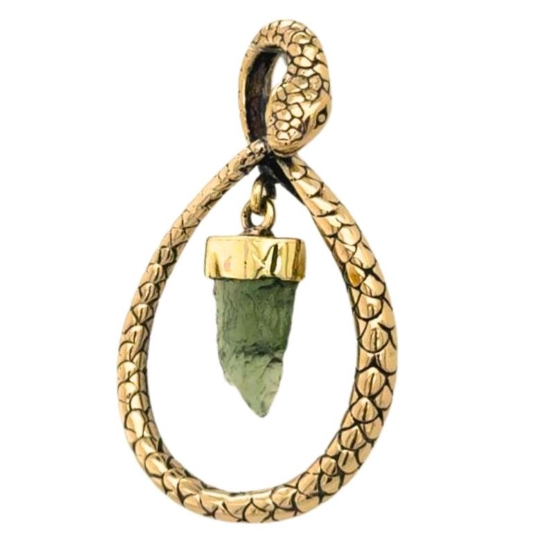 Moldavite Brass Oro Snake Charm Pendant