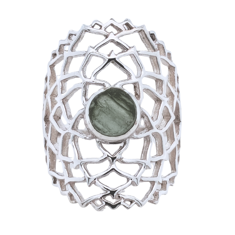 Moldavite Flower of Life Mandala Ring