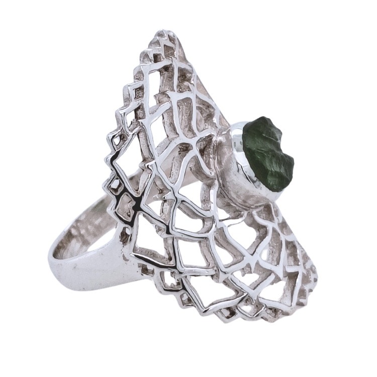 Moldavite Flower of Life Mandala Ring