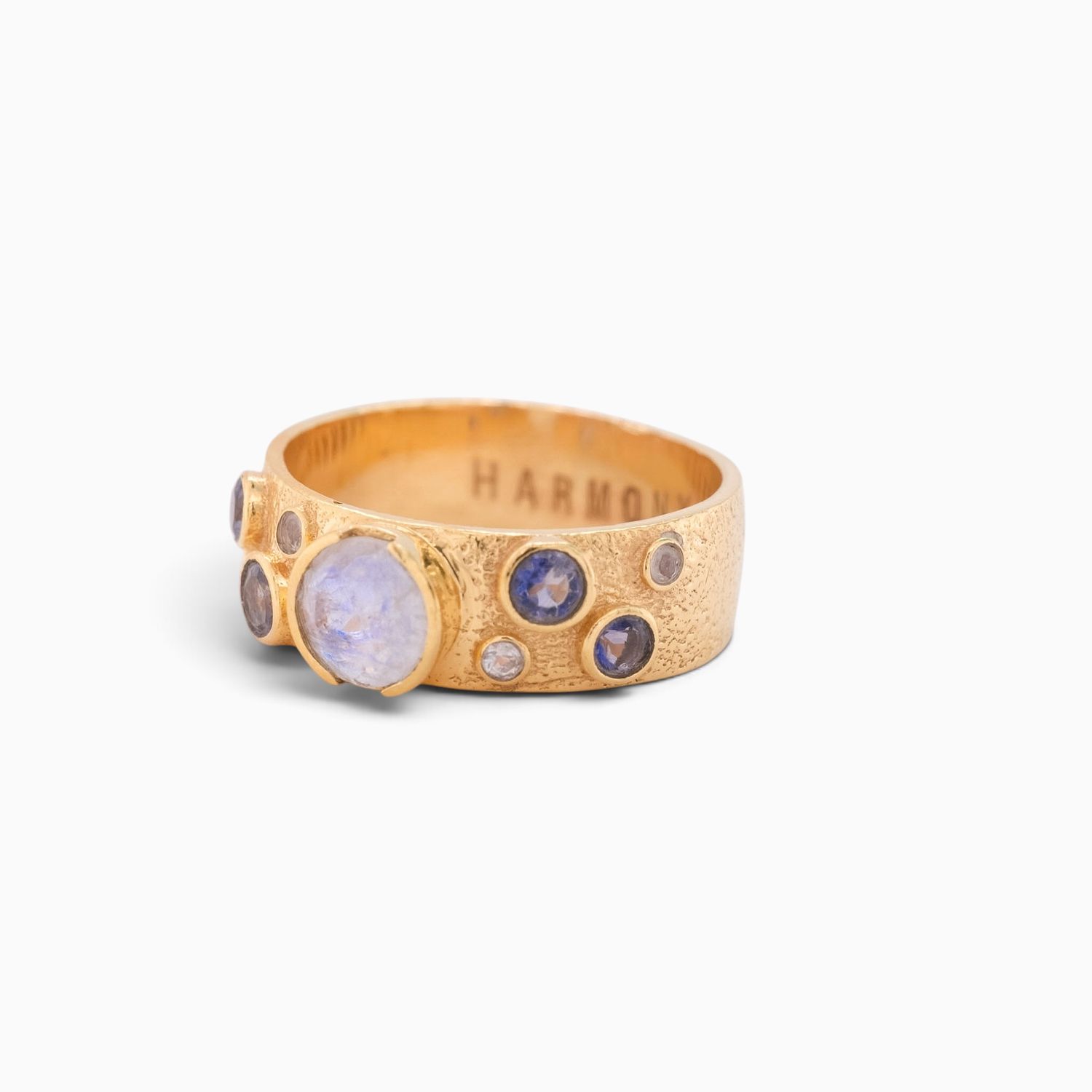 Moonstone Iolite Harmony Golden Brass Band Ring, Ring Size: Size 6