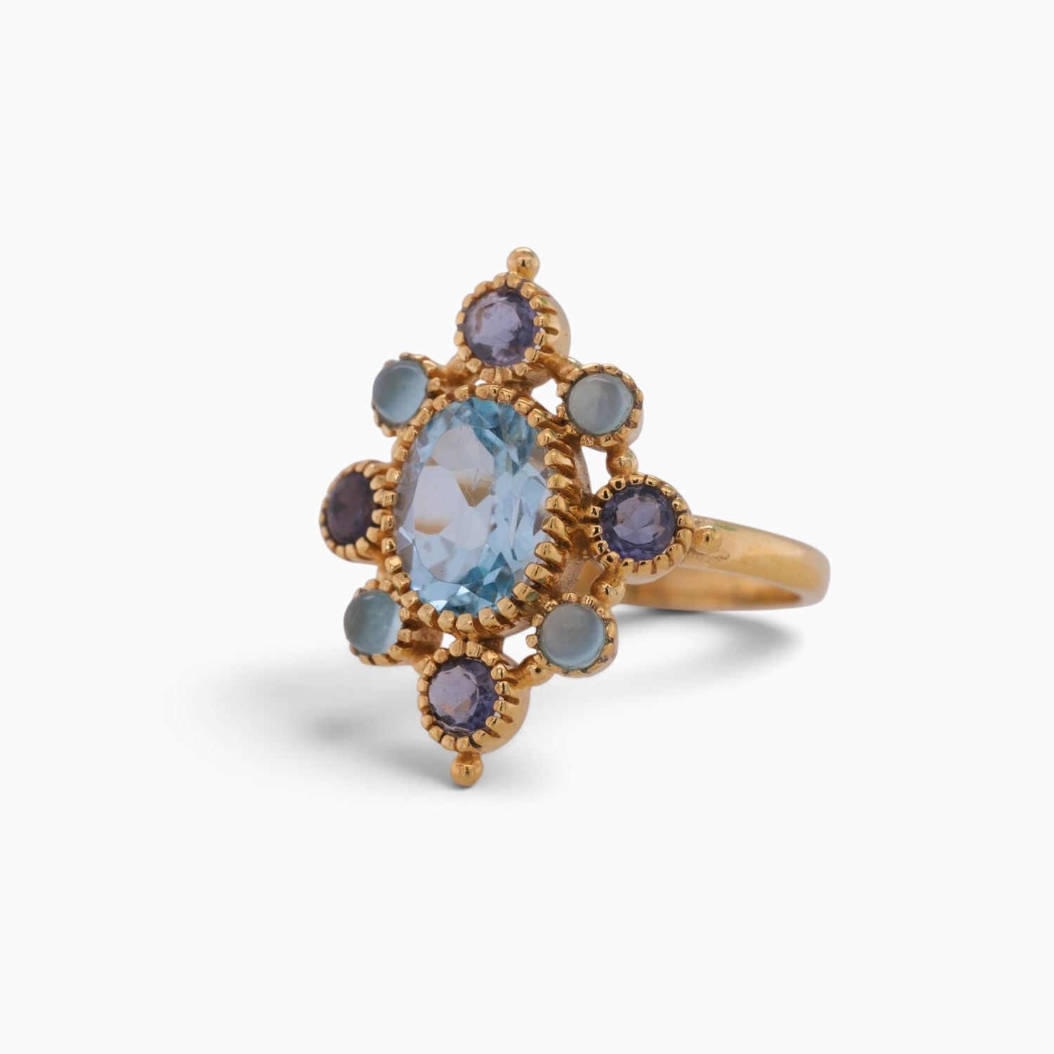 Blue Topaz Iolite Vanity Heirloom Golden Brass Ring, Ring Size: Size 6