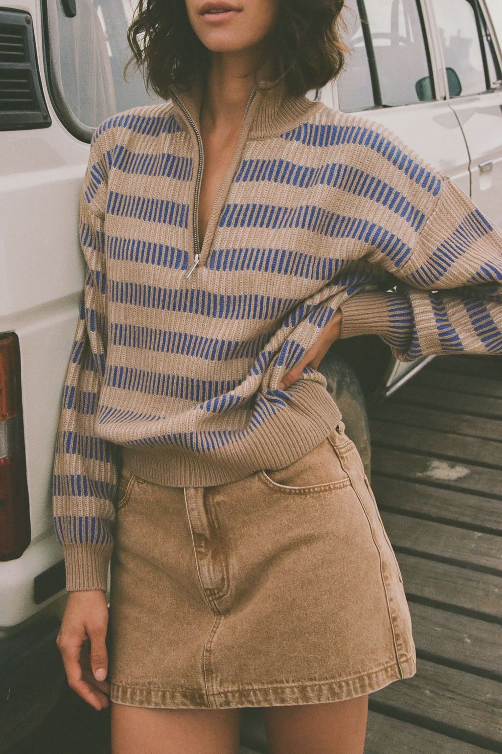 Estelle Quarter Zip Striped Knit, Size: XS