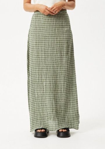 Base - Seersucker Maxi Skirt - Deep Green Check, Size: XS