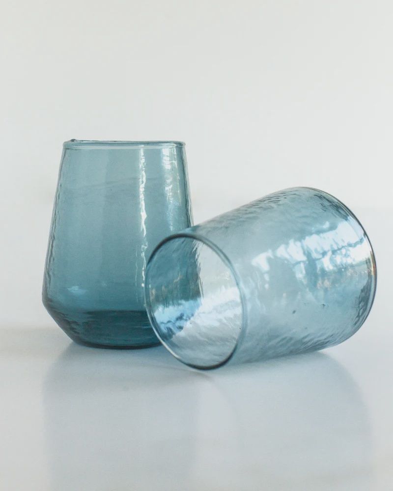 Pair of Hammered Glass Stemless Tumblers, Colour: Blue