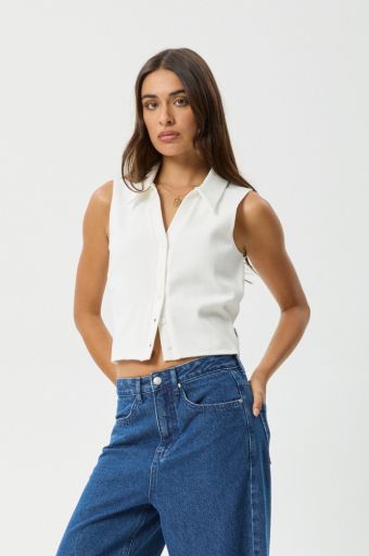 Eliza - Rib Sleeveless Shirt - White, Size: XS