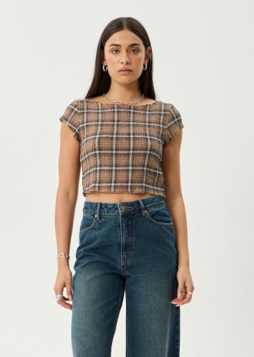 Darcy -Hemp Seersucker Top - Coffee Check