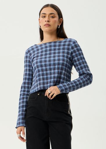 Mountains - Hemp Seersucker Long Sleeve Top - Navy Red Check, Size: XS