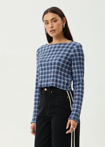 Mountains - Hemp Seersucker Long Sleeve Top - Navy Red Check