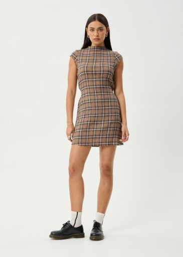 Elodie - Hemp Seersucker Mini Dress - Coffee Check, Size: XS