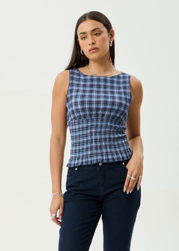 Mountains - Hemp Seersucker Sleeveless Top - Navy Red Check, Size: XS