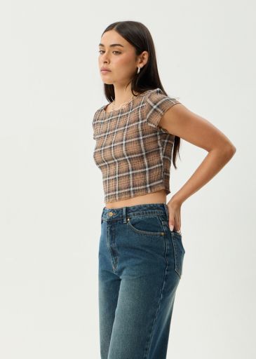 Darcy -Hemp Seersucker Top - Coffee Check