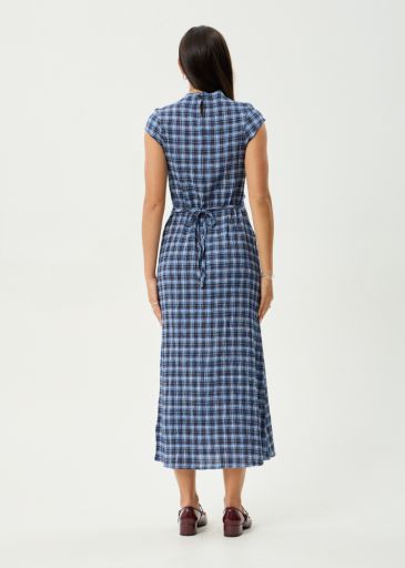 Mountains - Hemp Seersucker Midi Dress - Navy Red Check