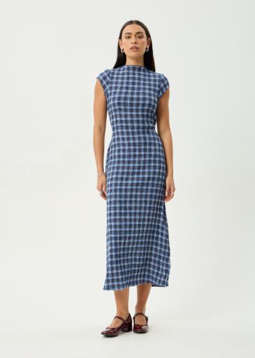 Mountains - Hemp Seersucker Midi Dress - Navy Red Check, Size: XS