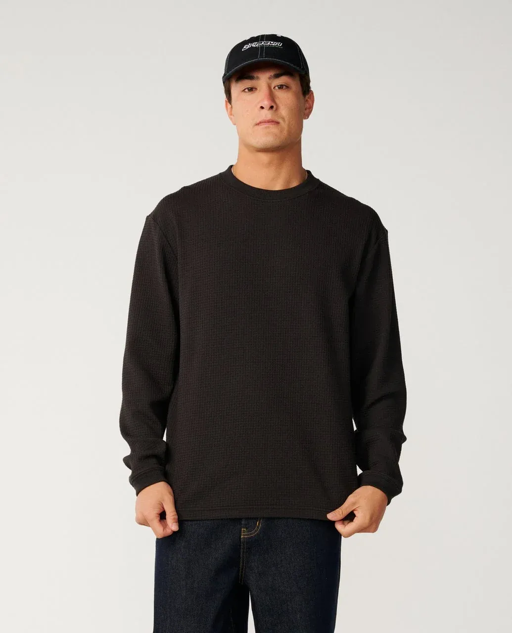 PREMIUM SURF WAFFLE L/S  TEE- WASHED BLACK, Size: XS