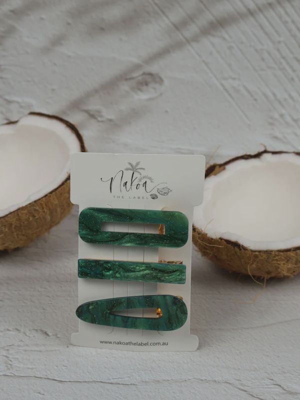 Hair Clip - Set of 3 - Acetate - Green Envy