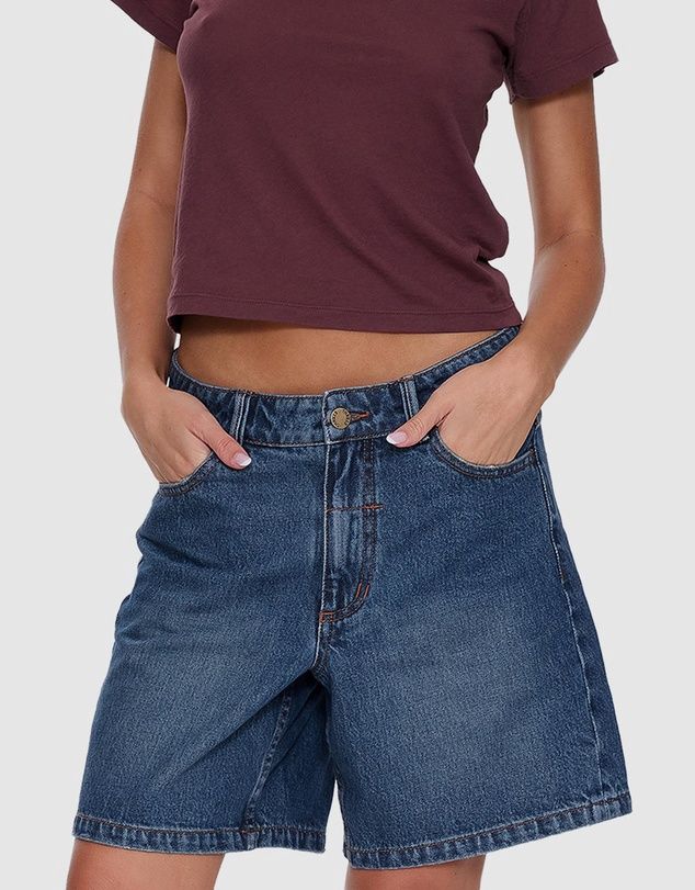 Billie Low Rise Baggy Embro Short - Teal Blue