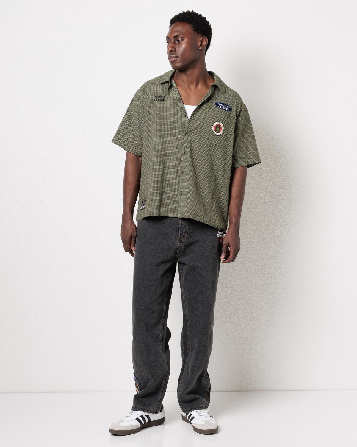 Against All Odds Cropped Short Sleeve Work Shirt - Oil Green