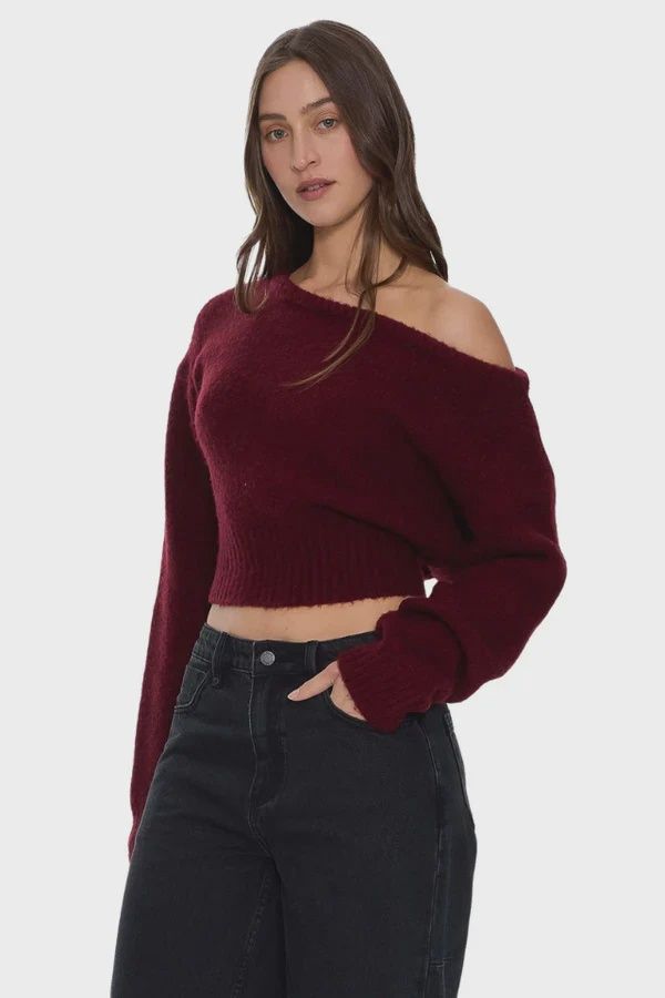Oslo Cold Shoulder Knit Sweater - New Maroon, Size: 6