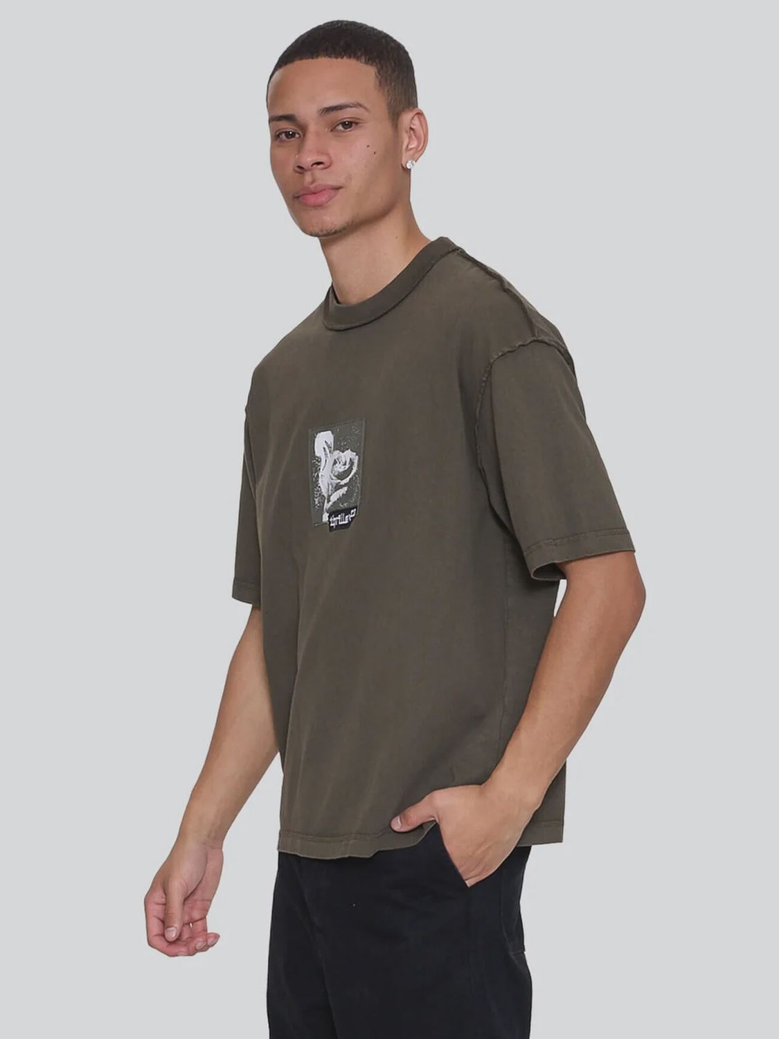 Rose Brigade Box Fit Oversize Cropped Tee - Olive Night