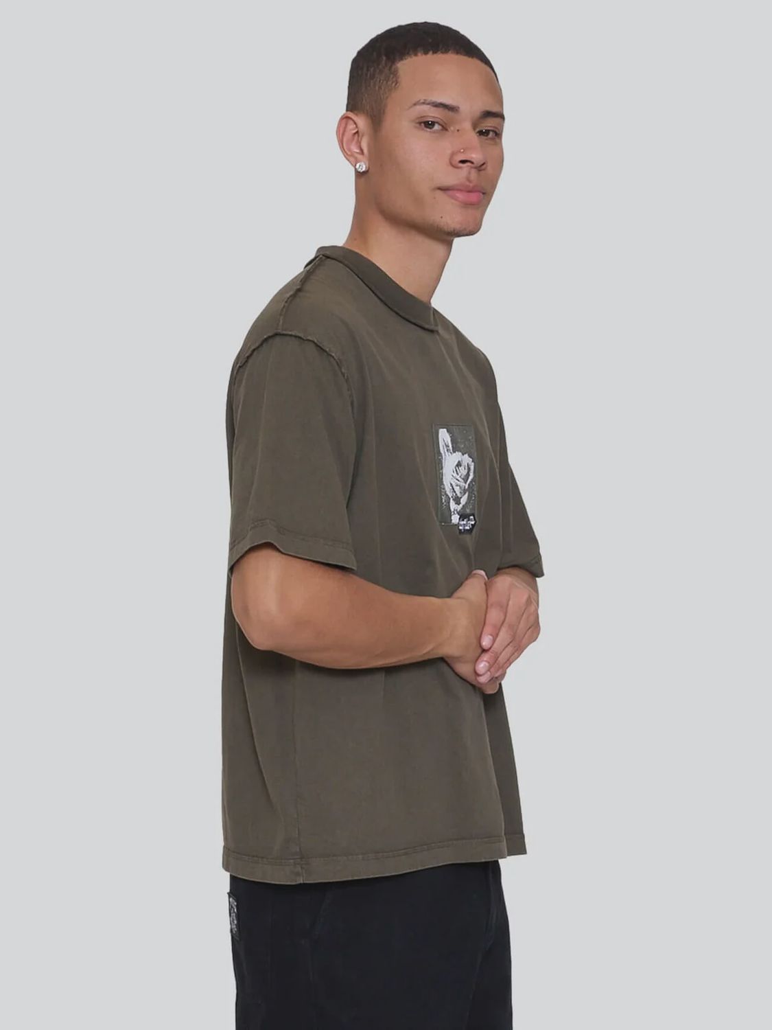 Rose Brigade Box Fit Oversize Cropped Tee - Olive Night, Size: S
