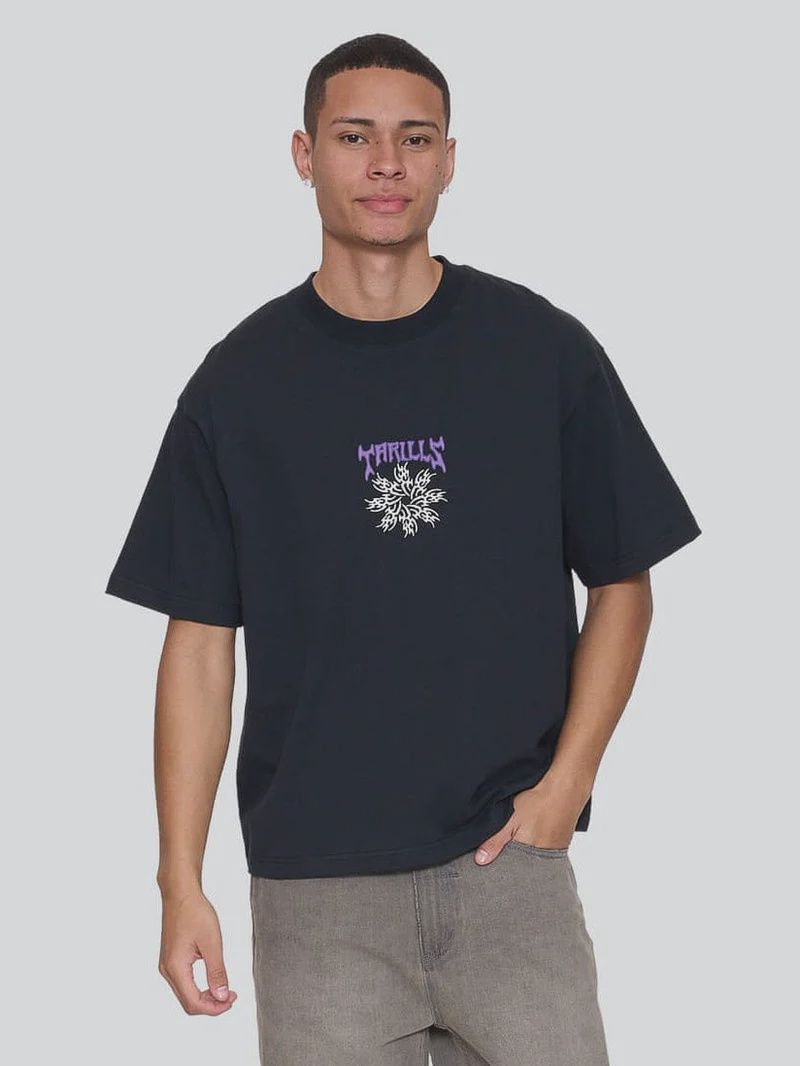 Stagger Box Fit Oversize Cropped Tee - Washed Black