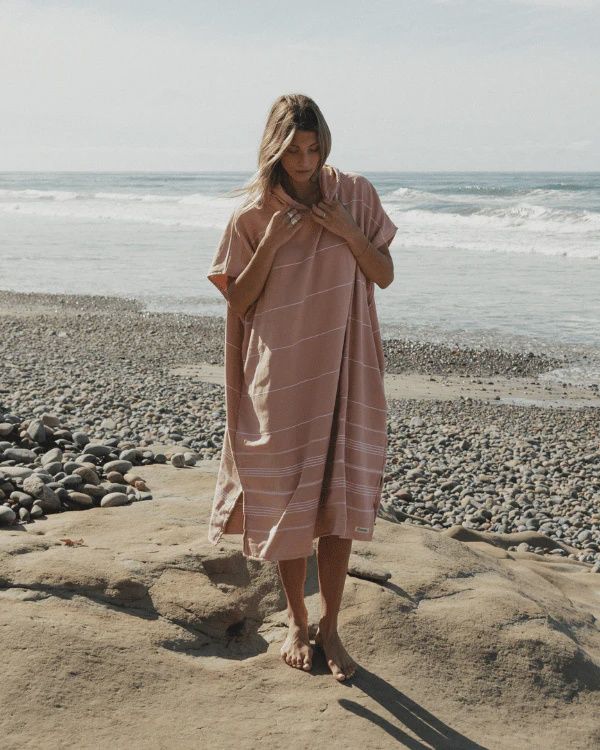 Classic Stripe Hooded Poncho - Misty Rose