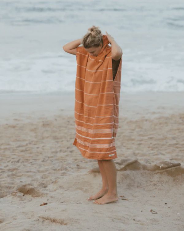 Classic Stripe Hooded Poncho - Dusty Pink