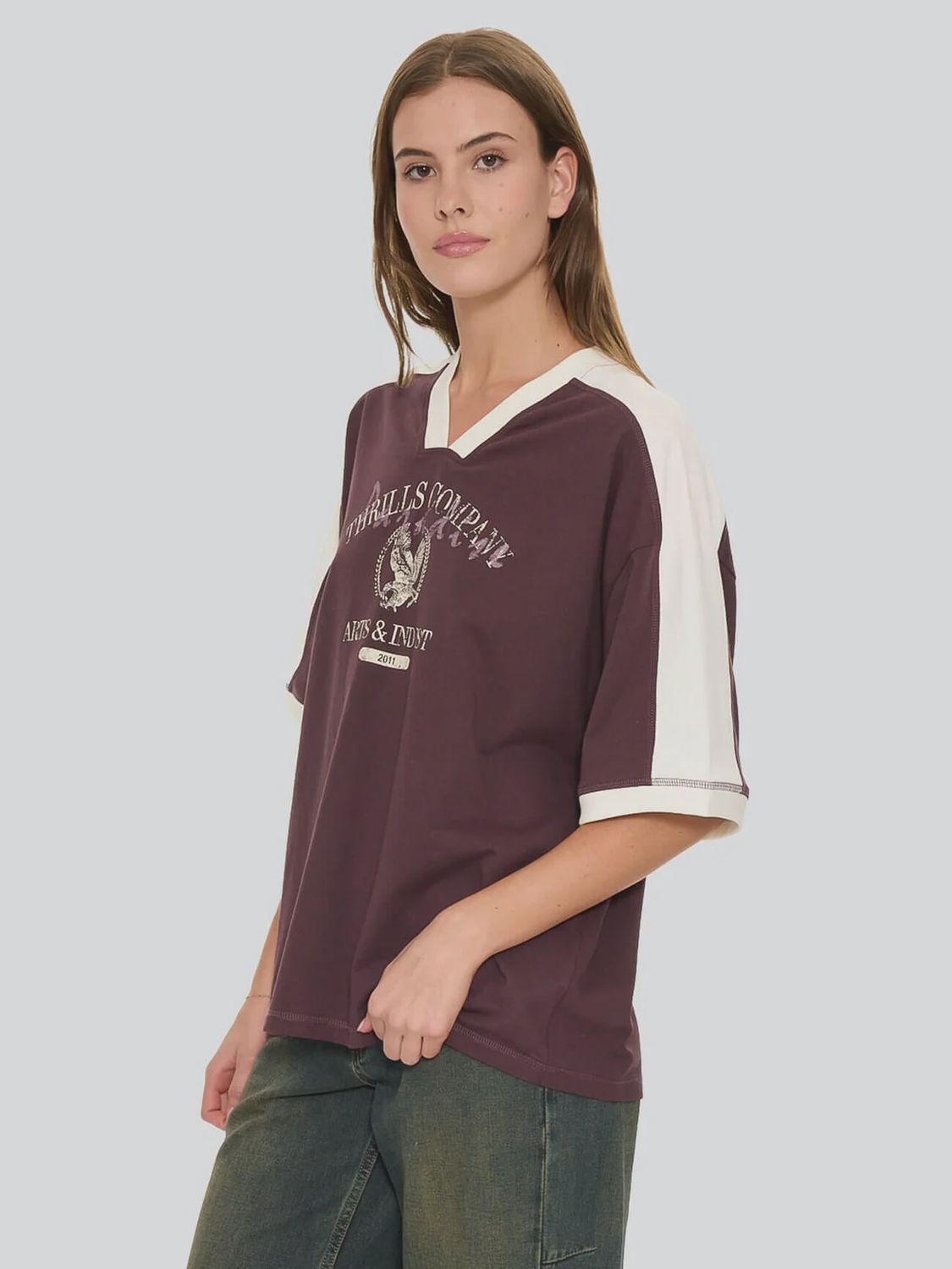 Heritage Track V Neck Oversized Tee, Size: XS