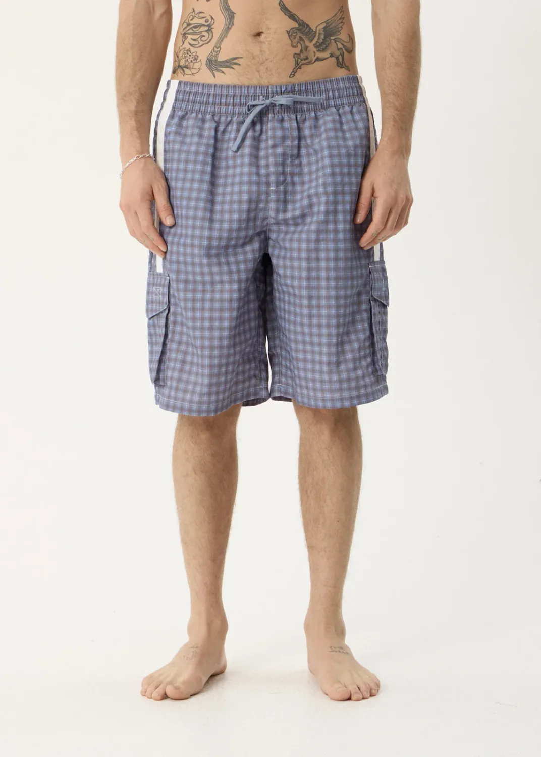 House Related Proposal Recycled Cargo short 21inch- SLATE BLUE CHECK, Size: XS