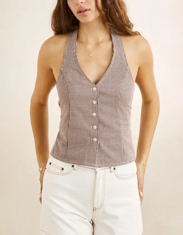 London Check Halter Top-CHOCOLATE, Size: XS