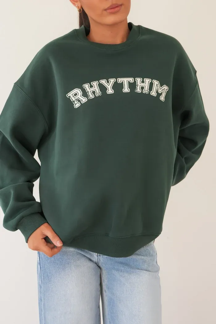 Collegiate Oversized Crew Neck Fleece - Forest, Size: XS