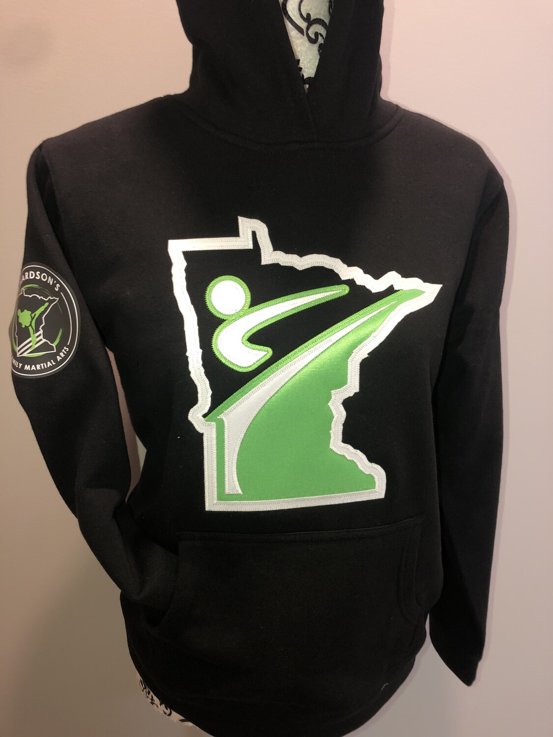 Youth Black Hooded Sweatshirt with applique and digital logo
