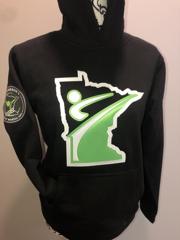 Youth Black Hooded Sweatshirt with applique and digital logo
