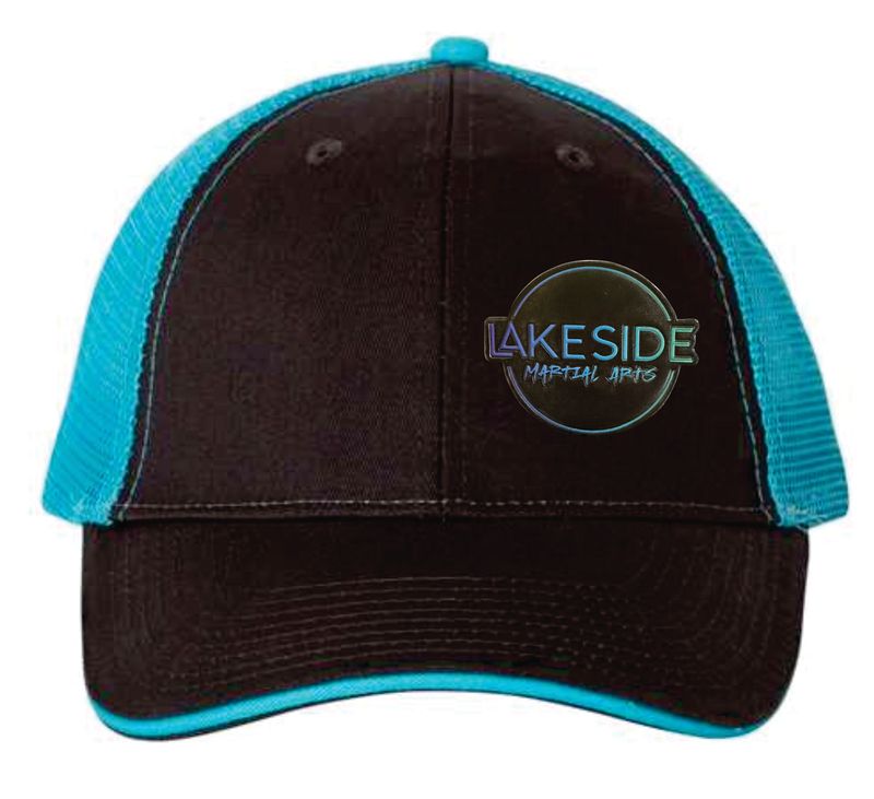 Lakeside S100  Sandwich Trucker Cap in Charcoal/Neon Blue w/FlexStyle emblem