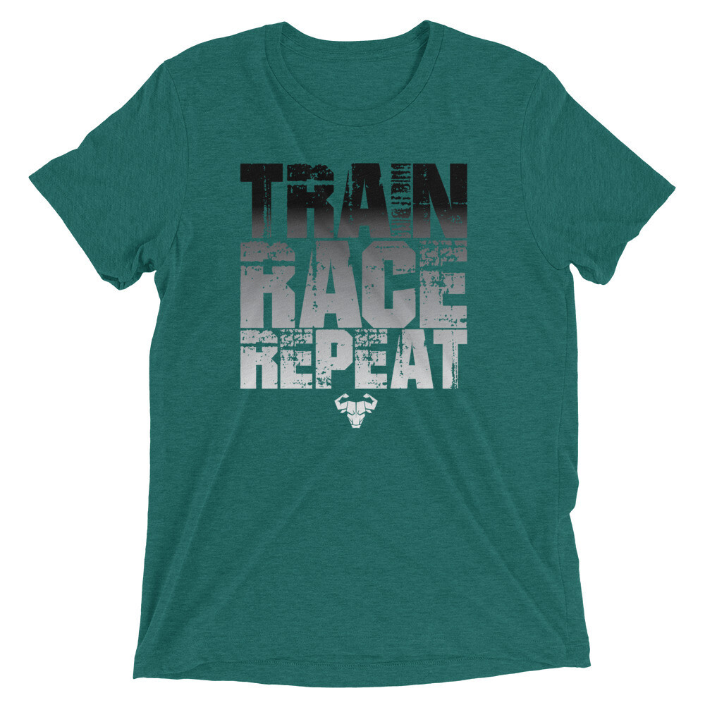 Train. Race. Repeat. Black Gradient Tri-Blend Tee, Color: Teal Triblend, Size: XS