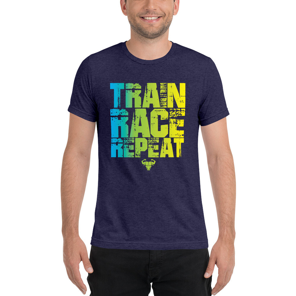 Train. Race. Repeat. Blue Gradient Tr-Blend Tee