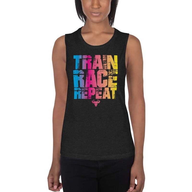 Gradient Train. Race. Repeat. Ladies’ Muscle Tank