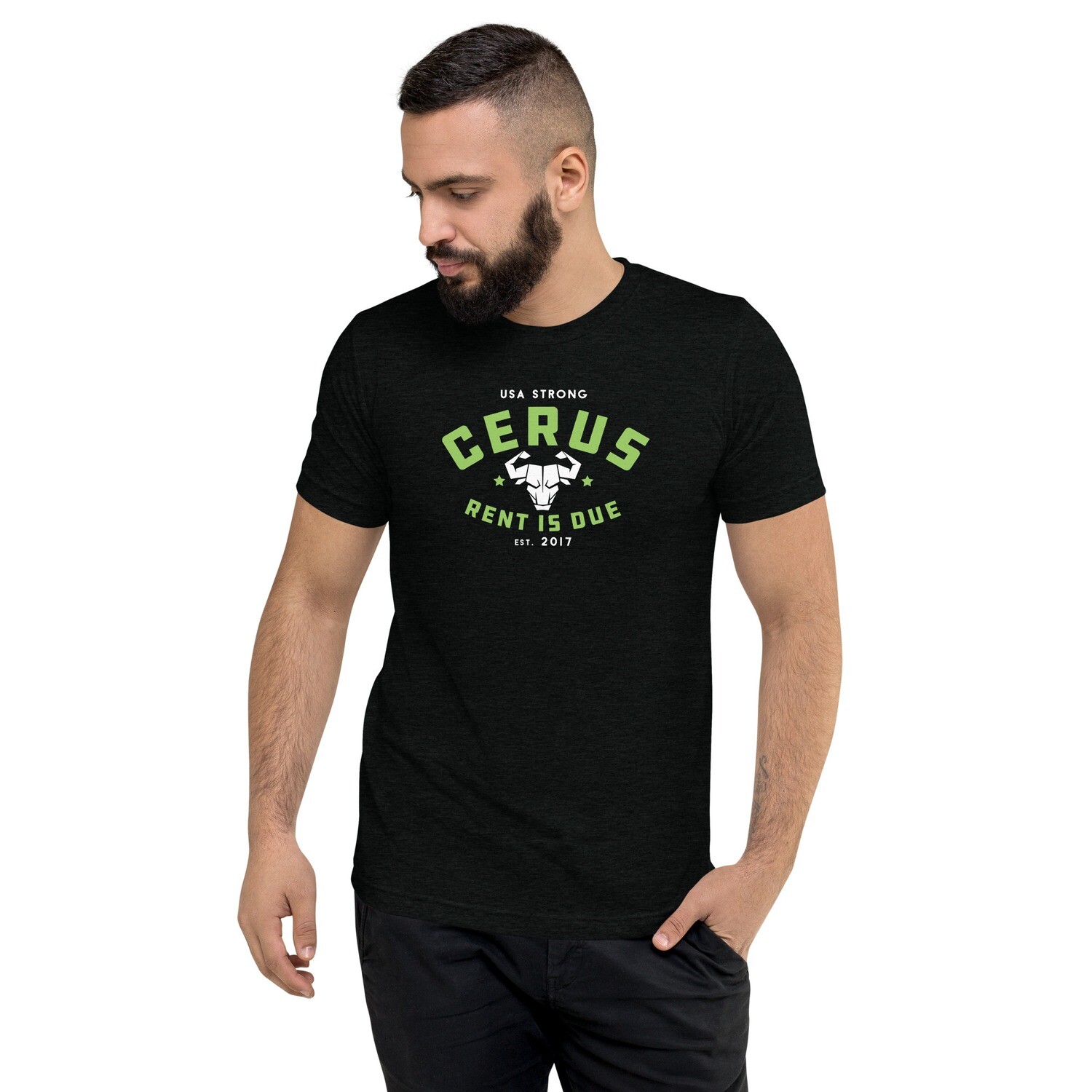 Cerus Rent is Due Green Tri-Blend Tee, Color: Solid Black Triblend, Size: XS