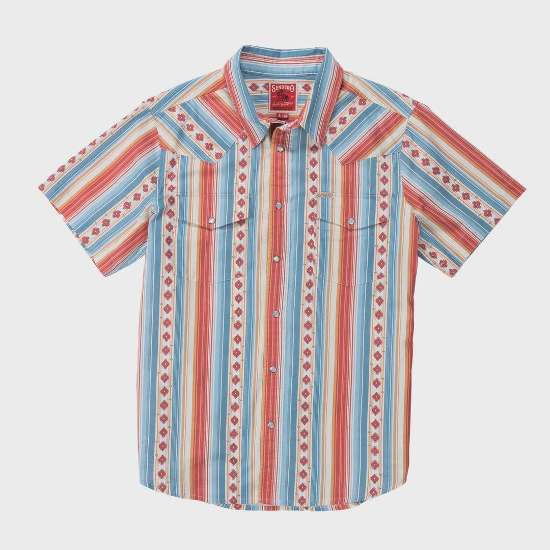 Serape Pearl Snap Button Up Short Sleeve, Color: Sedona Red, Size: XL